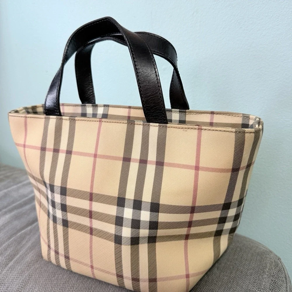 Burberry Nova Check Small Tote Bag‎ Beige Black Leather Handle Zip Italy